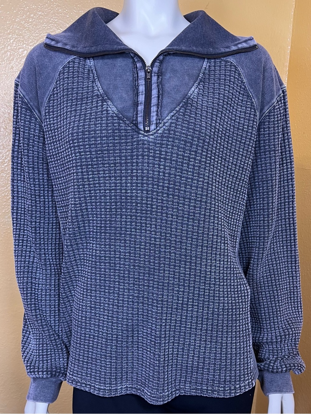 Easel Los Angeles Oversized Waffle Knit Half Zip Pullover Gray Large - Picture 2 of 8